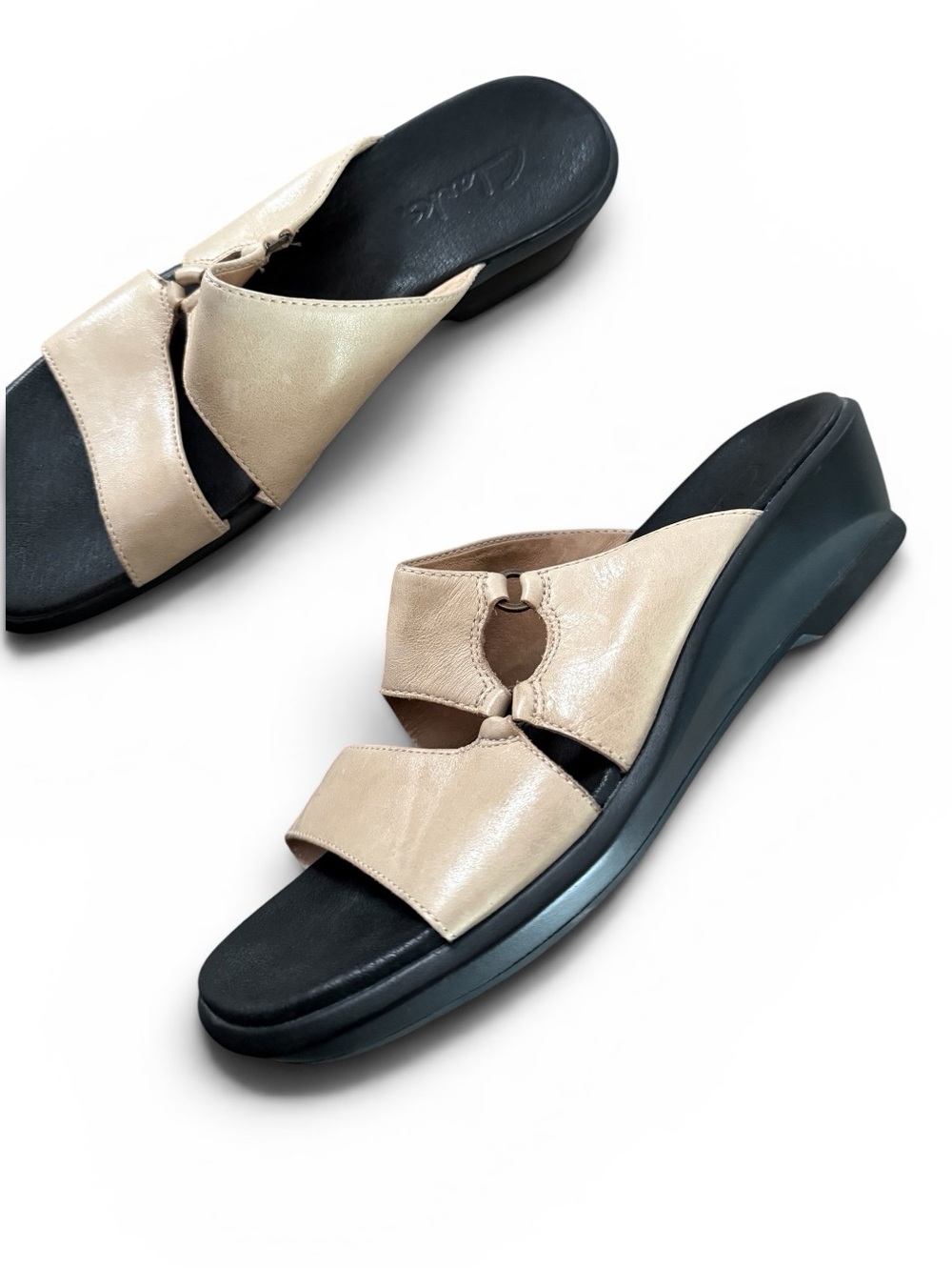 Clarks Beige and Black Wedge Slide Sandals